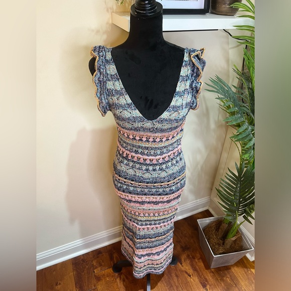 ZARA RUFFLED POINTELLE KNIT BODYCON MIDI DRESS MULTICOLORED Small - Picture 7 of 12